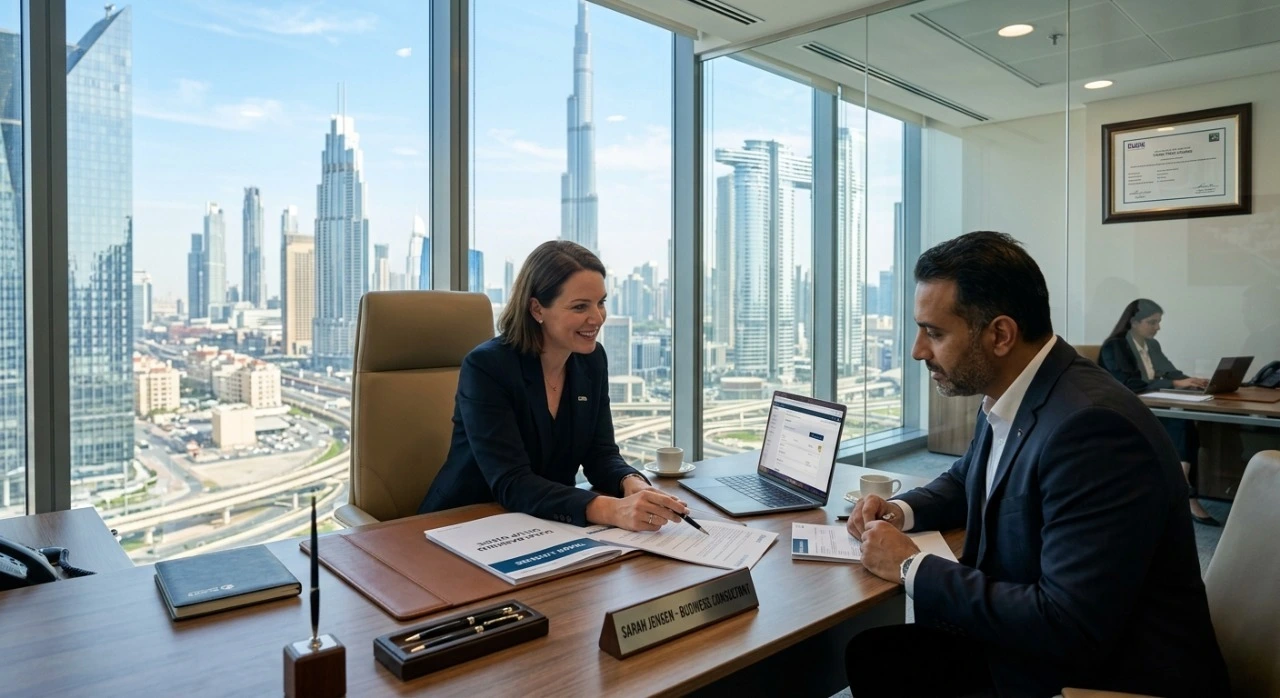 Business consultant discussing bank account opening in Dubai