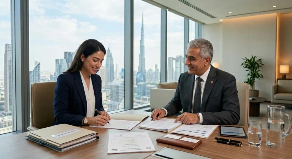 Business owner completing company bank account opening in Dubai