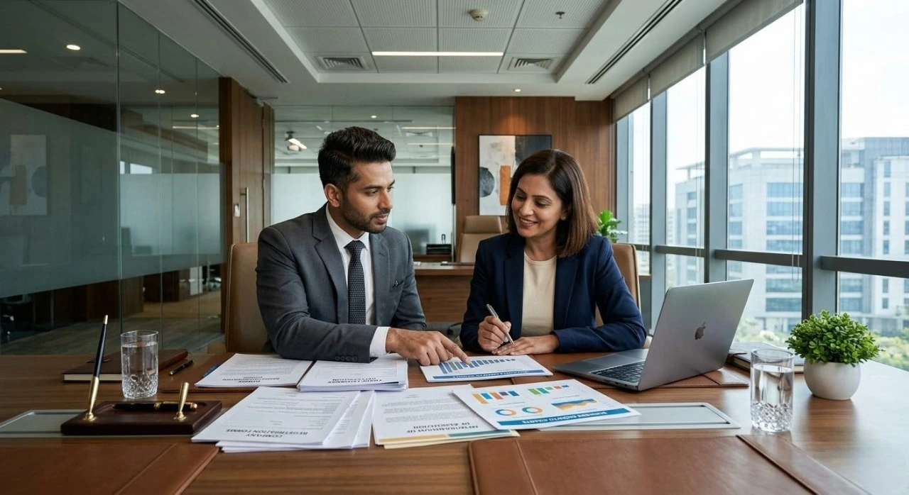 Business consultant guiding an entrepreneur through the company establishment process in Dubai
