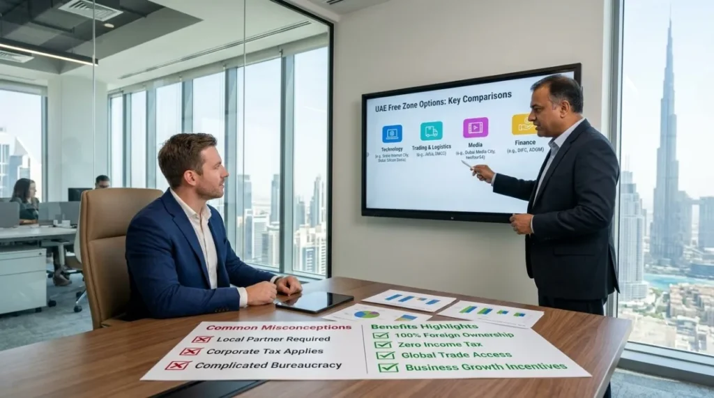Business consultant explaining freezone company setup options in Dubai