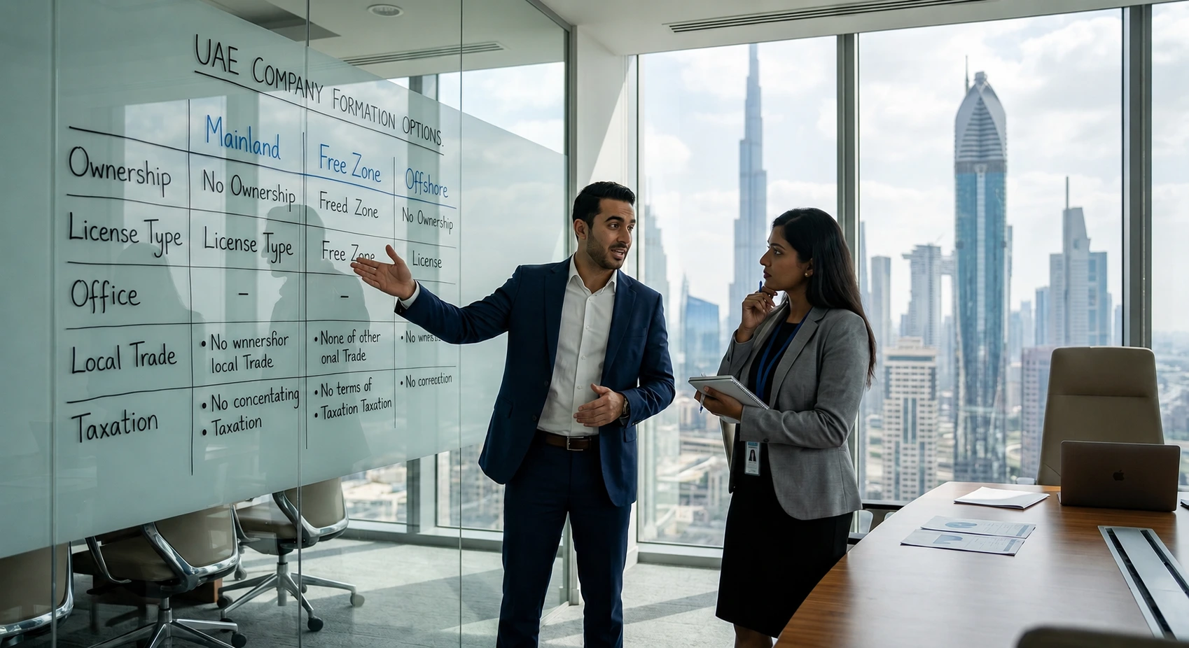Business consultants discussing mainland company formation in Dubai