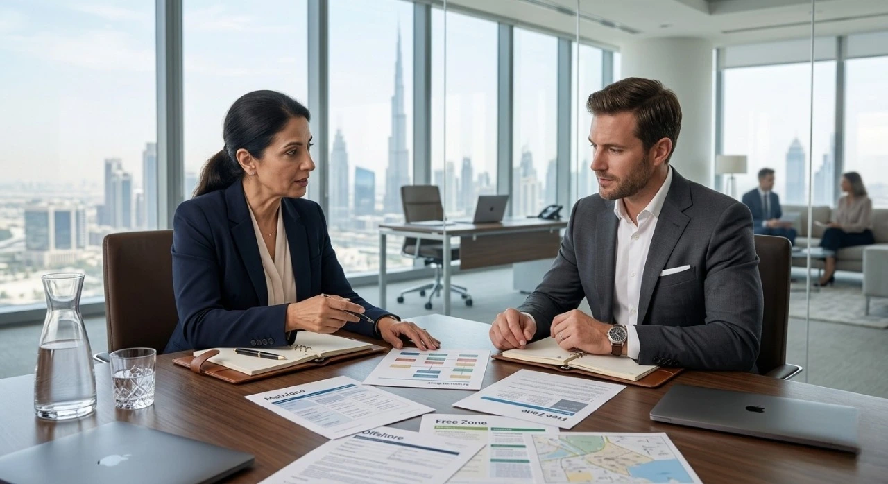 Business consultants discussing mainland company formation in Dubai