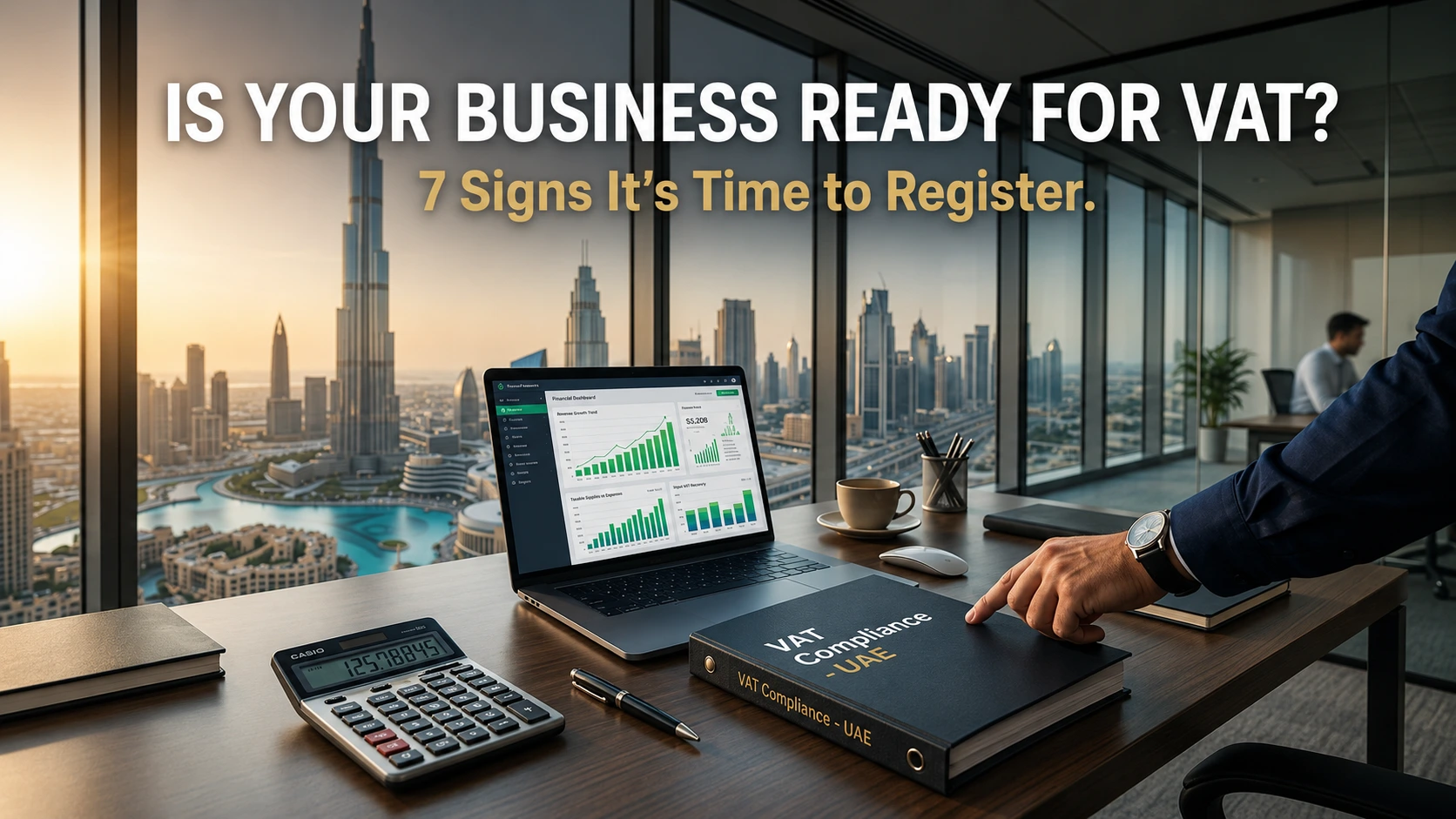 Business owners reviewing VAT registration documents in Dubai