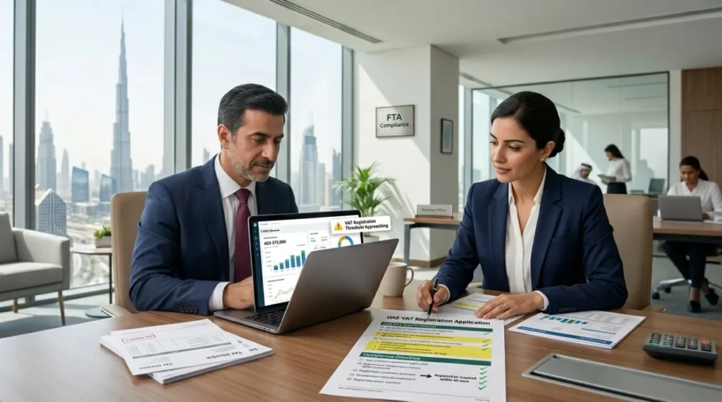 Business owners reviewing VAT registration documents in Dubai