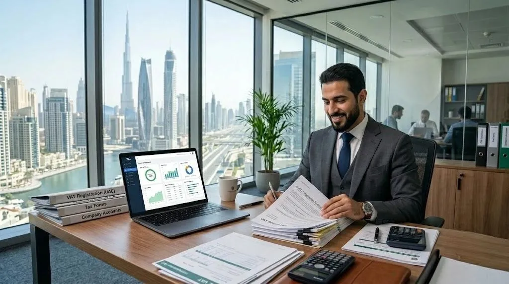 Professional reviewing tax documents and financial records for VAT Registration