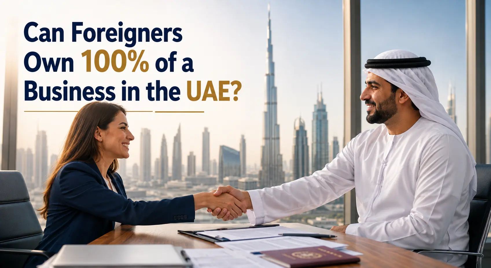 Businesswoman and Emirati businessman shaking hands in Dubai office, illustrating 100% foreign ownership UAE business setup